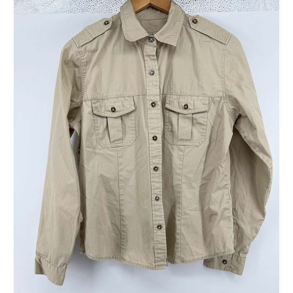 Vintage LL Bean Womens M Khaki Tan Cotton Utility Safari Button Up Shirt 0944